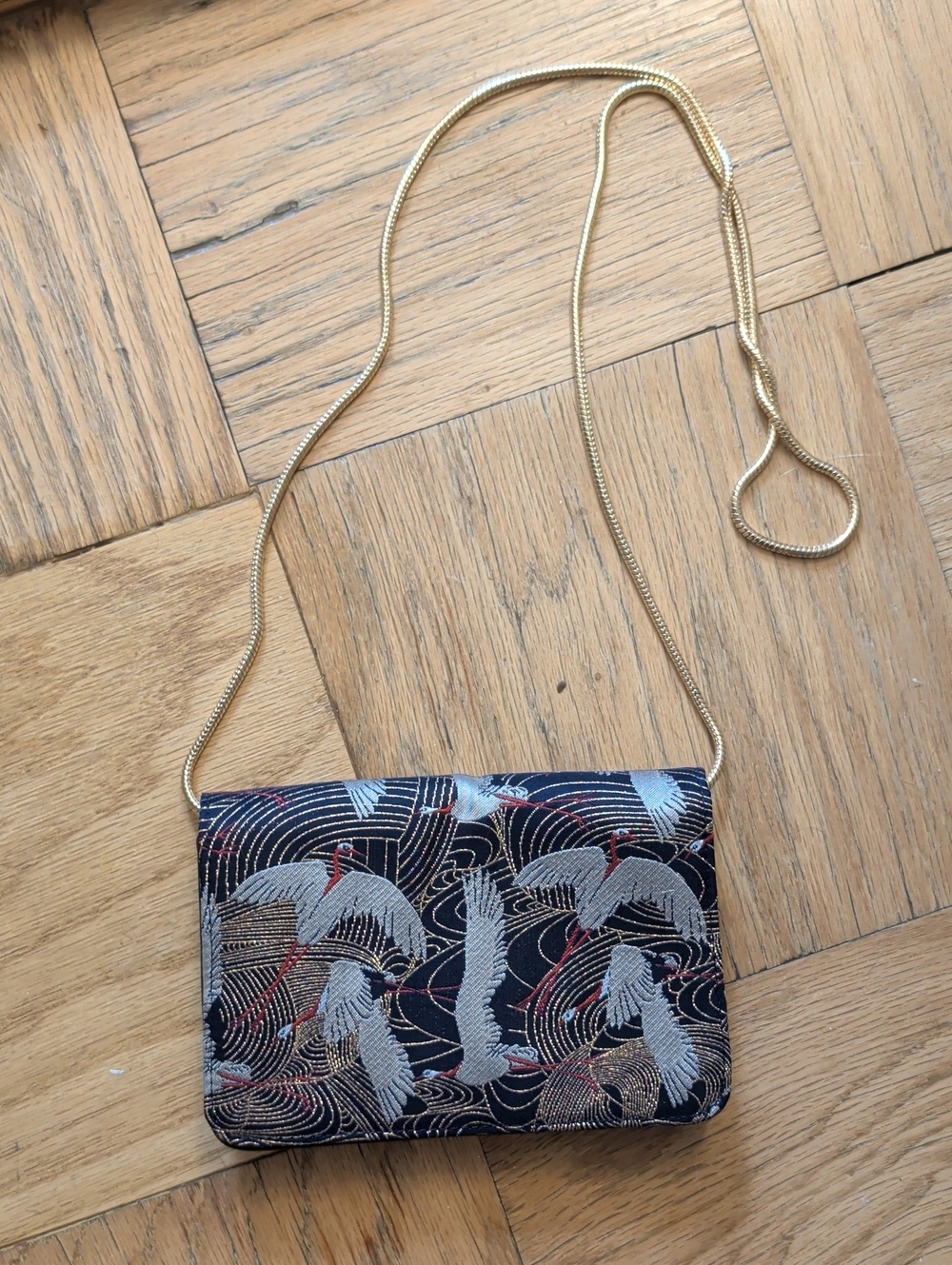 NWOT & Other Stories Embroidered Crane Jacquard Crossbody Bag with Gold Chain
